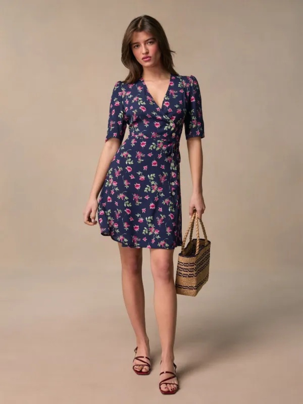 Rouje Navy Mini Wrap Dress with Pink Floral Print in size 34